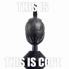 a statue of a spartan helmet with the words " this is cope " below it