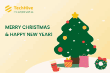 a tech hive christmas card with a christmas tree and gifts