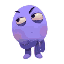 a purple cartoon character with a serious look on his face and a hand on his chin .