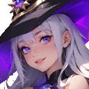 a girl with long white hair and blue eyes is wearing a purple hat and smiling .