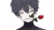 a boy with red eyes is holding a rose in his mouth