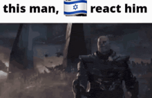 a picture of a man with a flag and the words " this man react him " on the bottom