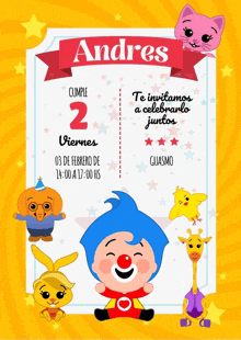 a birthday invitation for andres shows a clown and animals