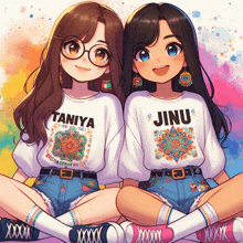 two anime girls are sitting next to each other wearing matching shirts that say taniya and jinu