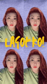 a woman with red hair is standing in front of a brick wall with the words lagot koi written in yellow