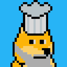 a pixel art drawing of a dog wearing a chef hat