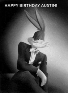 a black and white photo of bugs bunny in a tuxedo and bow tie