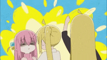 a group of anime girls standing next to each other in front of a yellow background .