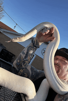 a man holding a white snake with a clock in the background