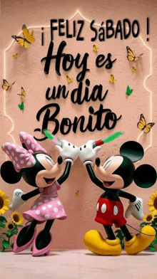 mickey mouse and minnie mouse are dancing in front of a sign that says feliz sabado .