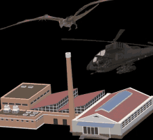 a helicopter is flying over a factory and a dragon is flying above it