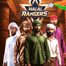 a group of men standing in front of a halal rangers sign