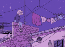 a drawing of a girl sitting on a brick wall with clothes hanging on a clothes line