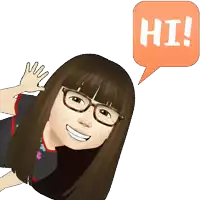 a cartoon girl with glasses and a hi speech bubble