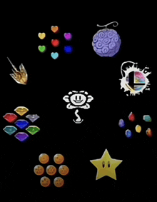 a black background with various icons including a star and hearts