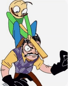 a cartoon character is carrying another character on his shoulders .