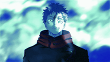 a drawing of a man with a scarf around his neck looking up