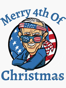 a merry 4th of christmas poster with a man wearing an american flag headband and sunglasses