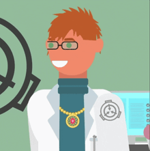 a man wearing glasses and a necklace with a scp logo on his sleeve