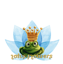 a frog with a crown on its head and the words lotus flowers