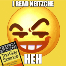 a yellow smiley face with a book titled the gay science