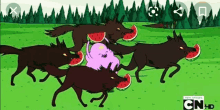 a group of wolves are eating watermelon slices from princess lumpy from adventure time .