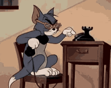 a cartoon cat is talking on a telephone while wearing sunglasses