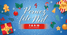 a blue background with christmas decorations and the date 7.8.9-10