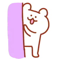 a cartoon bear sticking its tongue out behind a purple wall