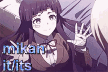 a purple haired anime girl is waving her hand in front of a man and the words mikan it / it 's