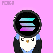 a penguin with a coin on its head and the word pengu above it