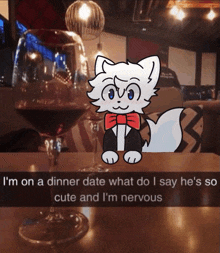 a cartoon of a cat with a red bow tie standing next to a glass of red wine