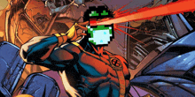 a cartoon of a superhero with a pixelated eye