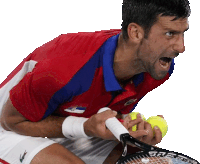 a man in a red white and blue shirt is holding a tennis racquet and a tennis ball