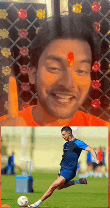 a man with a red dot on his forehead and a soccer player kicking a ball