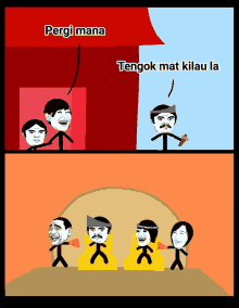 a cartoon shows a group of stick figures and says pergi mana tengah mat kilau la