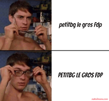 a picture of a shirtless man adjusting his glasses with the words petitbg le gros fdp below him