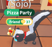 a cartoon skunk wearing a crown is in a room with a pizza party button