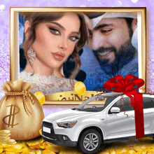 a picture of a man and a woman with a car and a bag of money with a dollar sign on it