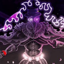 a drawing of a man with a top hat and a purple cloak surrounded by purple lights