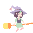 a cartoon witch is flying on a broom with a star on her hat .