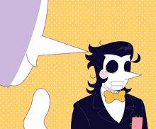 a cartoon of a man with a bow tie and a speech bubble talking to another man