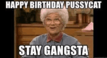 an elderly woman is sitting at a table with a happy birthday pussycat meme .