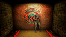 a man is standing in front of a wall that says signs of legacy paleto