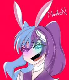 a drawing of a girl with bunny ears and blue hair