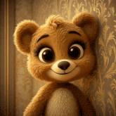 a teddy bear is smiling in front of a gold wallpaper