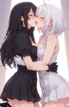 two anime girls are kissing each other and one is wearing a black dress and the other is wearing a white dress