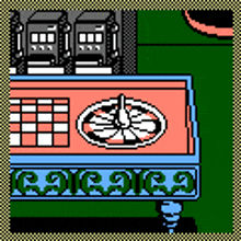 a pixel art drawing of a roulette wheel with the word arcade on the bottom