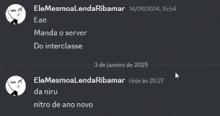 a screenshot of a conversation between eae manda o server do interclasse and elemesmoalenda ribamar