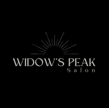 a logo for widow 's peak salon with a sun on a black background